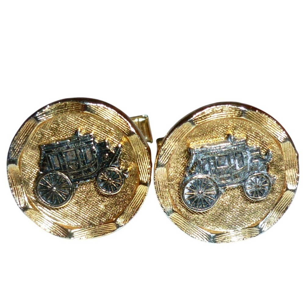 Vintage Mens Round Stagecoach Cufflinks Gold Silver Two Tone Western Carriage